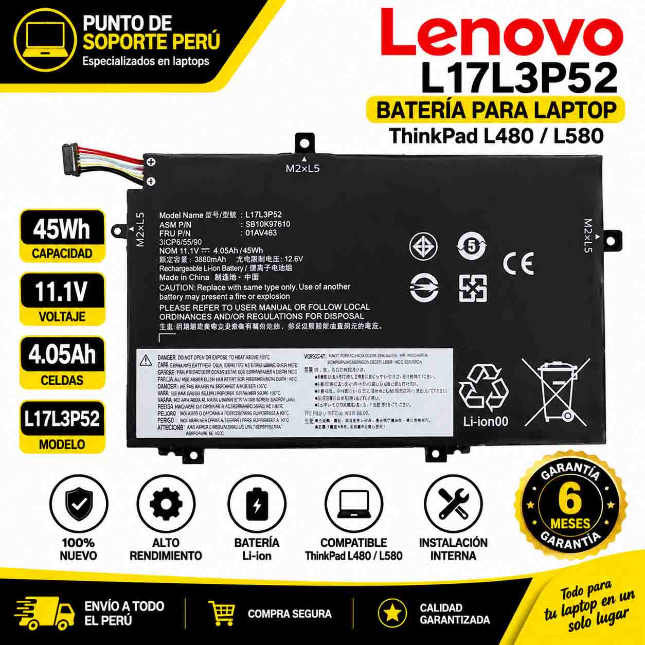 Batería Lenovo L17C3P52 L17M3P53 45Wh para ThinkPad L480 L580