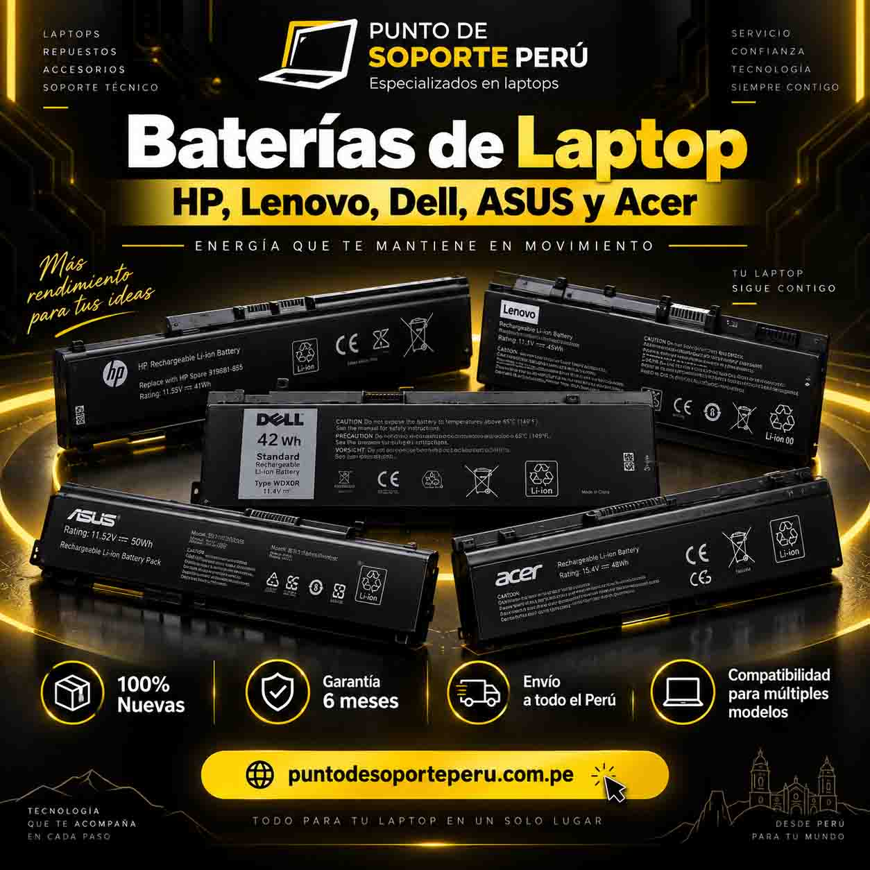 Baterías de laptop HP Lenovo Dell ASUS y Acer en Lima